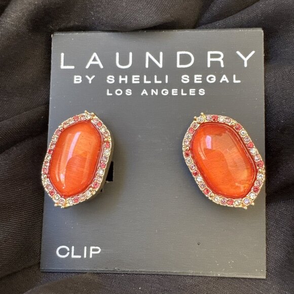 Laundry by Shelli Segal Orange Gold Oval Rhinestone Trim CLIP Earrings NWT - Picture 4 of 8